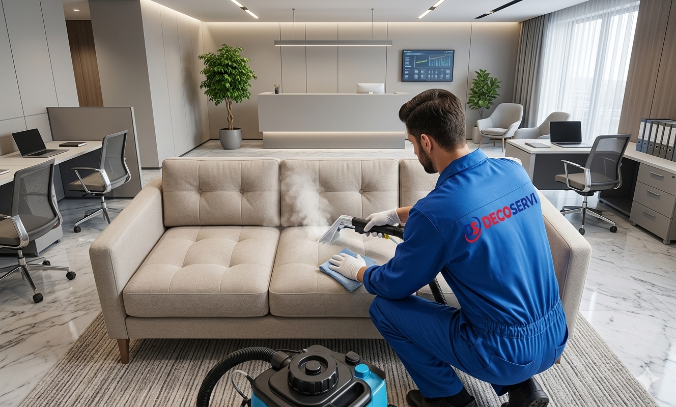 Lavado y desinfección de muebles de oficina con espuma antibacterial — DECOSERVI